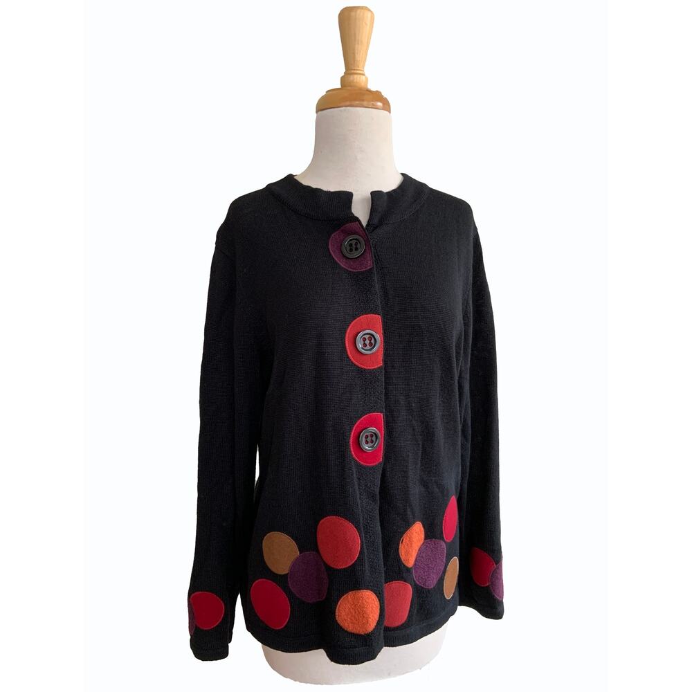 PBJ Sport Cardigan Sweater Black Polka Dot Grandmacore Long Sleeve Cozy Size S